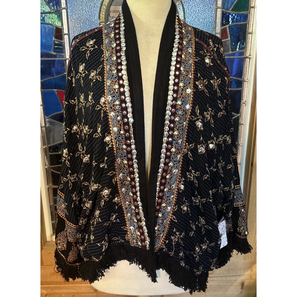 Free People Sequin & Stud Fringe Kimono Jacket  "Midnight Combo" Size Med NWT